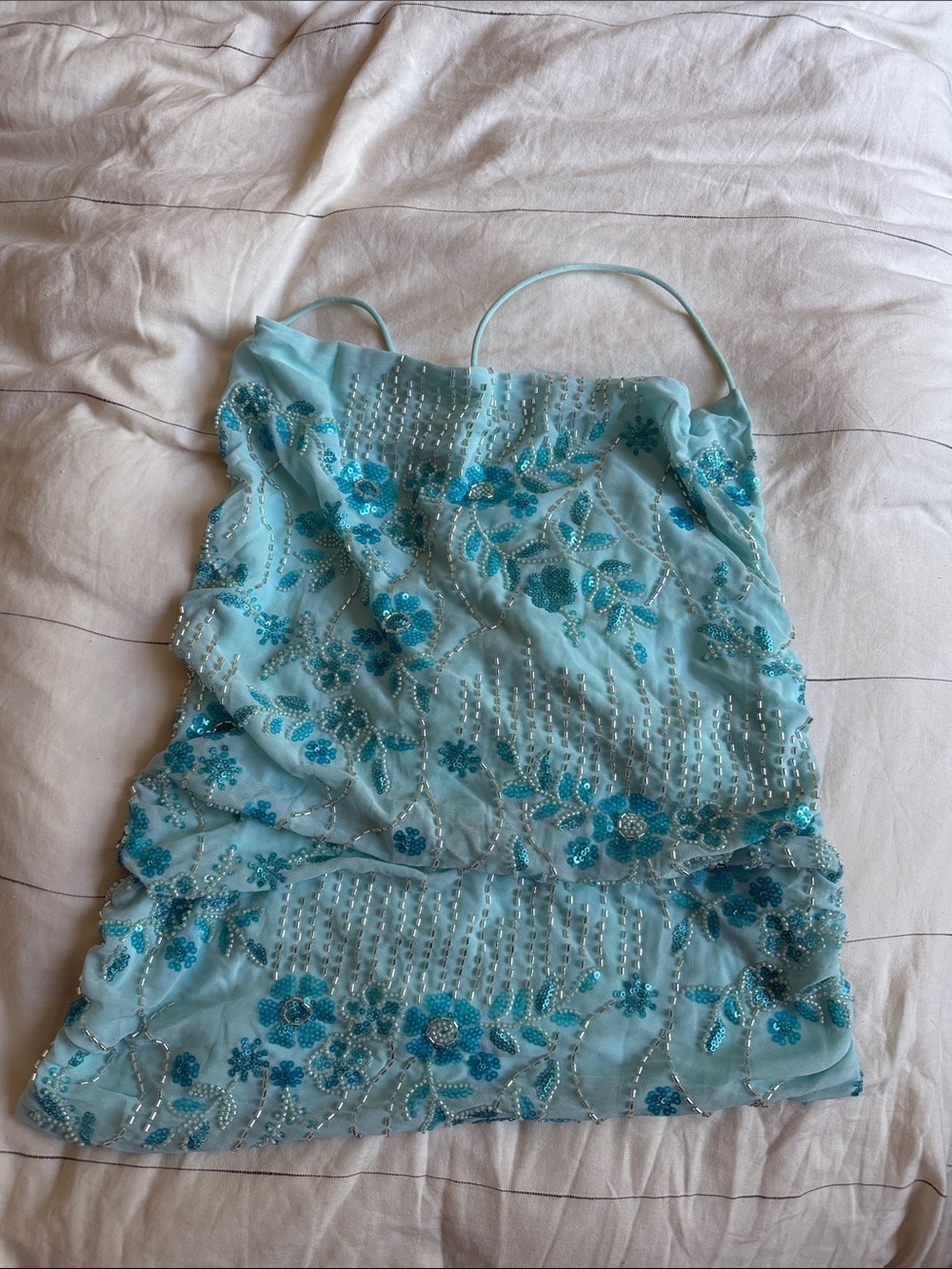 Embellished Light Blue Floral Beaded Spaghetti-Strap Camisole